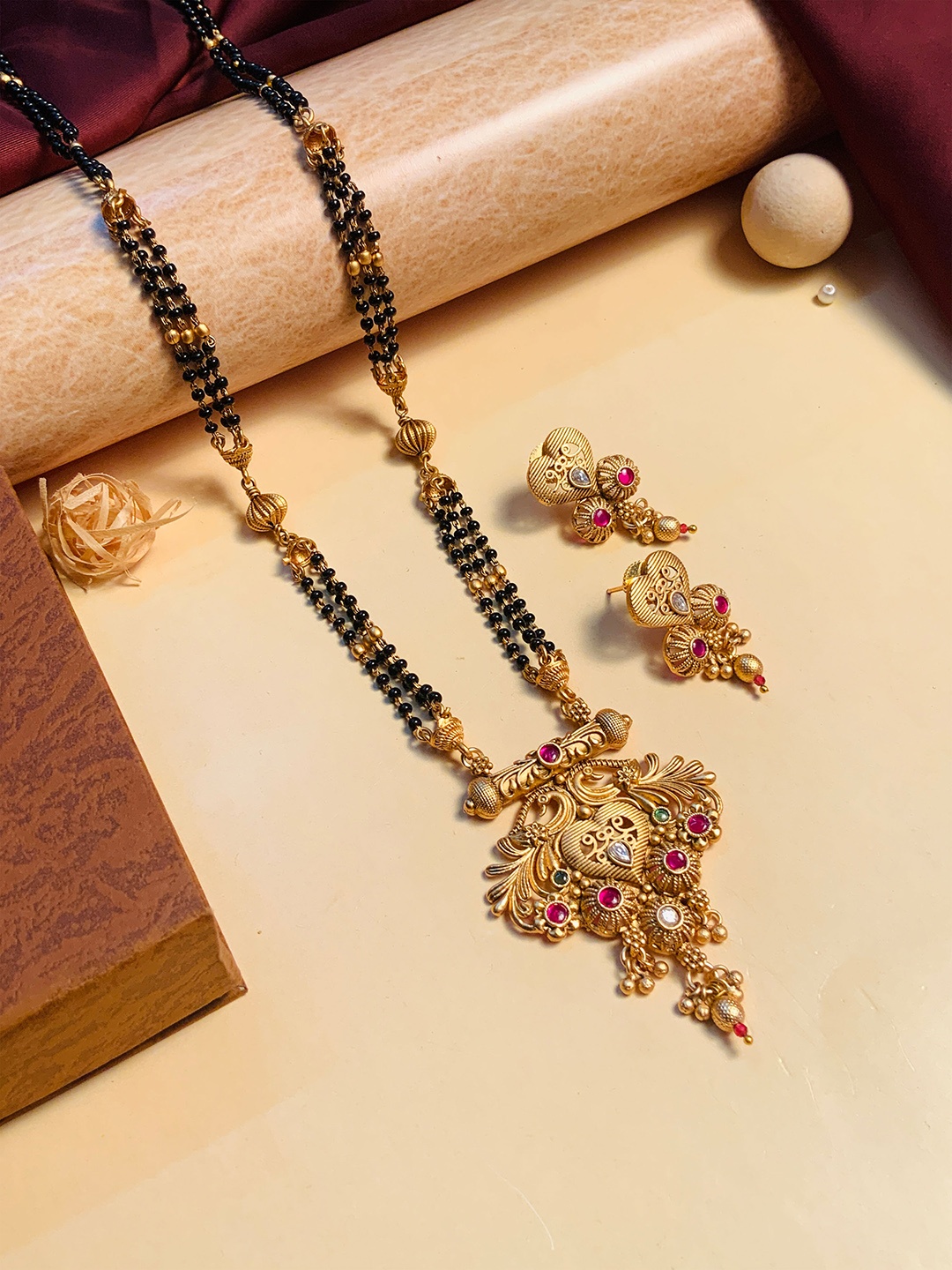 

ABDESIGNS Gold-Plated Stone-Studded & Beaded Long Antique Mangalsutra With Earrings