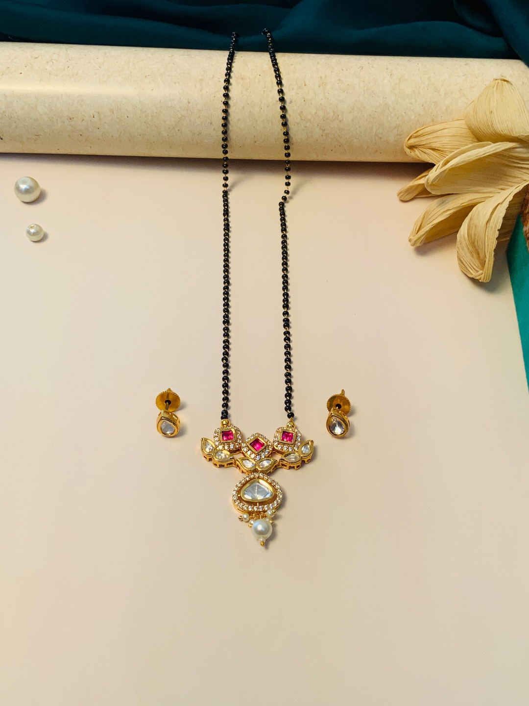 

ABDESIGNS Gold-Plated Kundan-Studded & Beaded Mangalsutra With Earrings