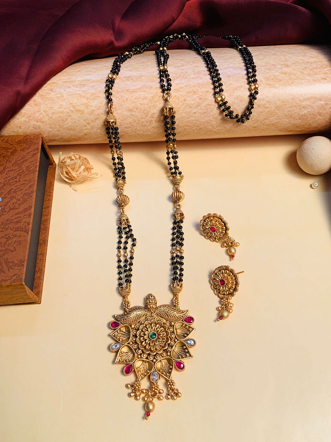 

ABDESIGNS Gold Plated Stone Studded & Beaded Mangalsutra With Earrings