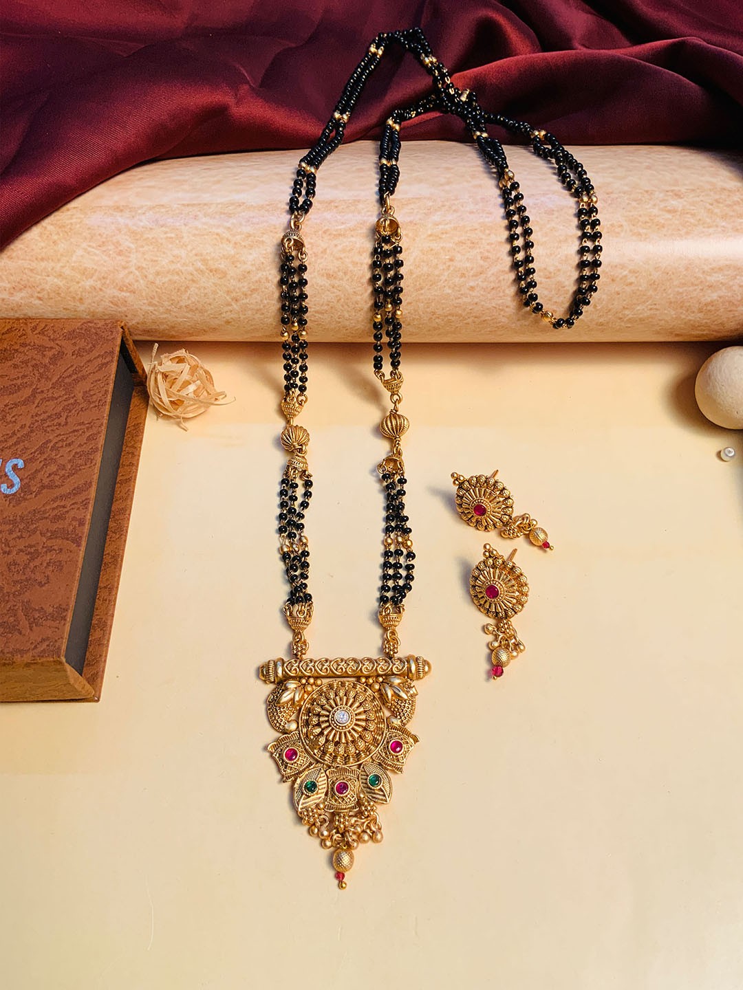 

ABDESIGNS Gold Plated Stone Studded & Beaded Mangalsutra With Earrings