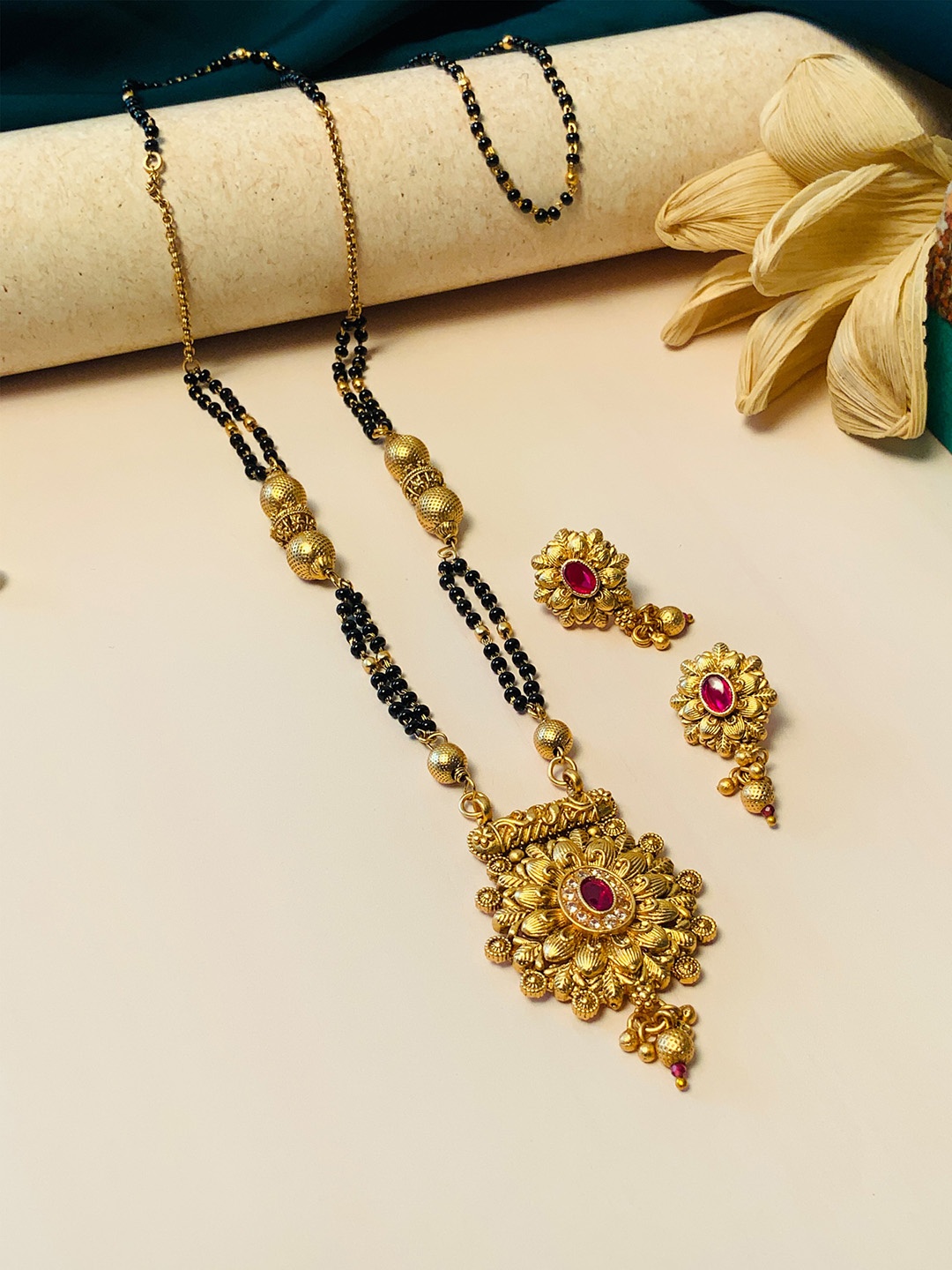 

ABDESIGNS Gold Plated Stone Studded & Beaded Mangalsutra With Earrings