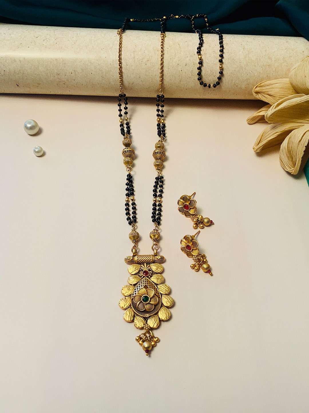 

ABDESIGNS Gold-Plated Stones-Studded & Beaded Long Mangalsutra With Earrings