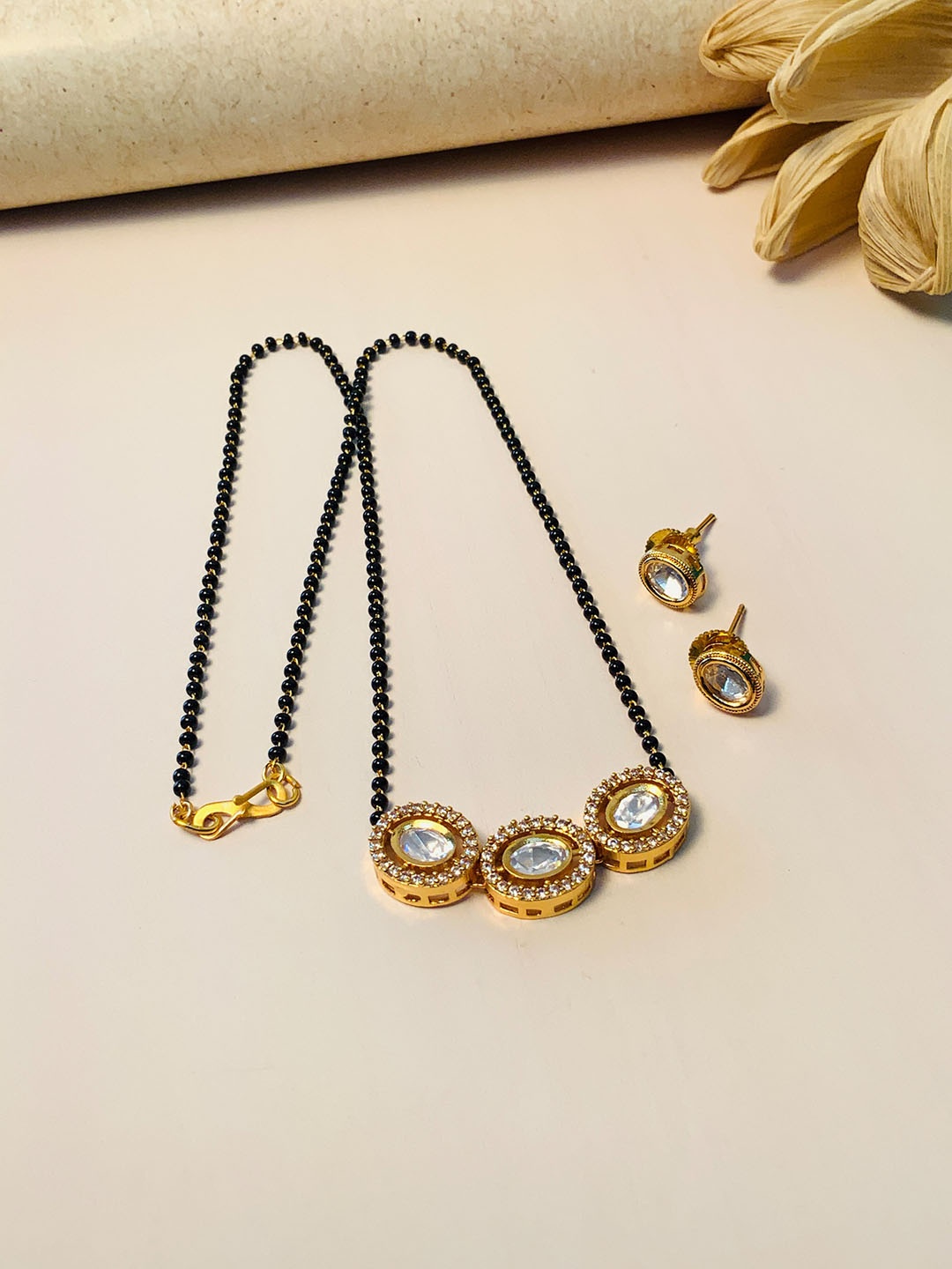 

ABDESIGNS Gold-Plated Kundan Studded & Beaded Long Mangalsutra With Earrings