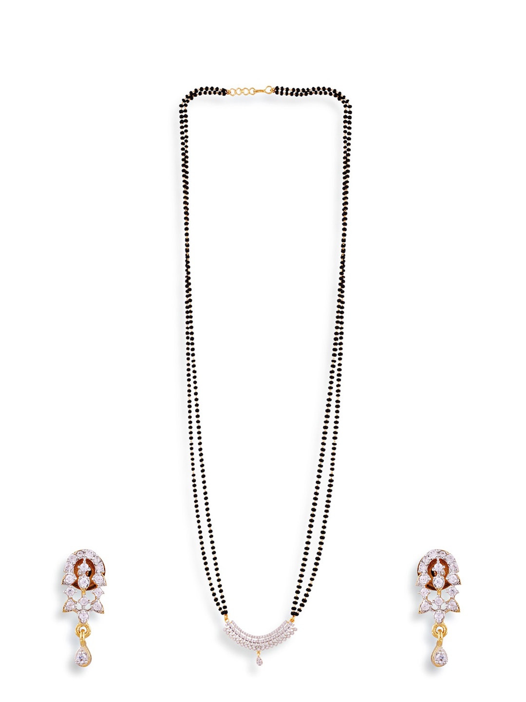 

ABDESIGNS Gold-Plated AD-Studded & Beaded Long Mangalsutra With Earrings