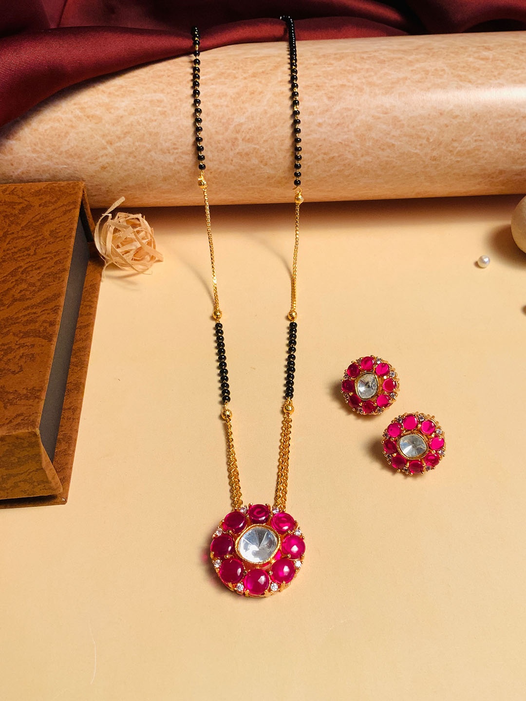 

ABDESIGNS Gold-Plated Kundan-Studded & Beaded Long Mangalsutra With Earrings