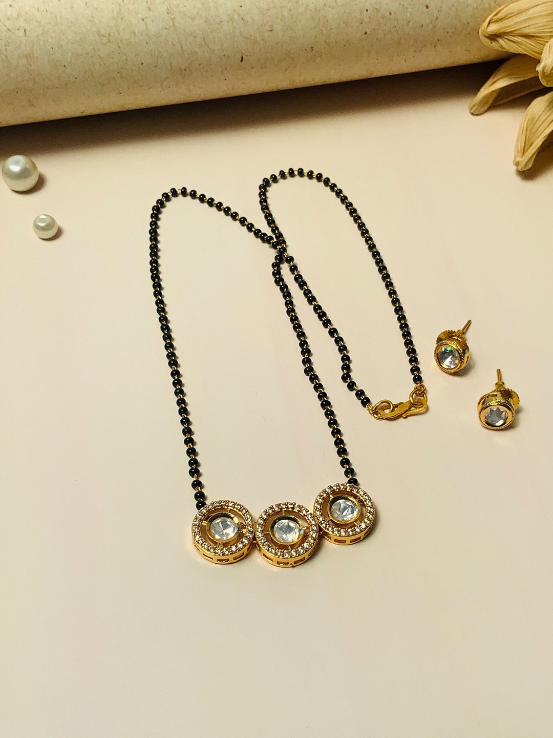 

ABDESIGNS Gold-Plated Kundan-Studded & Beaded Long Mangalsutra With Earrings