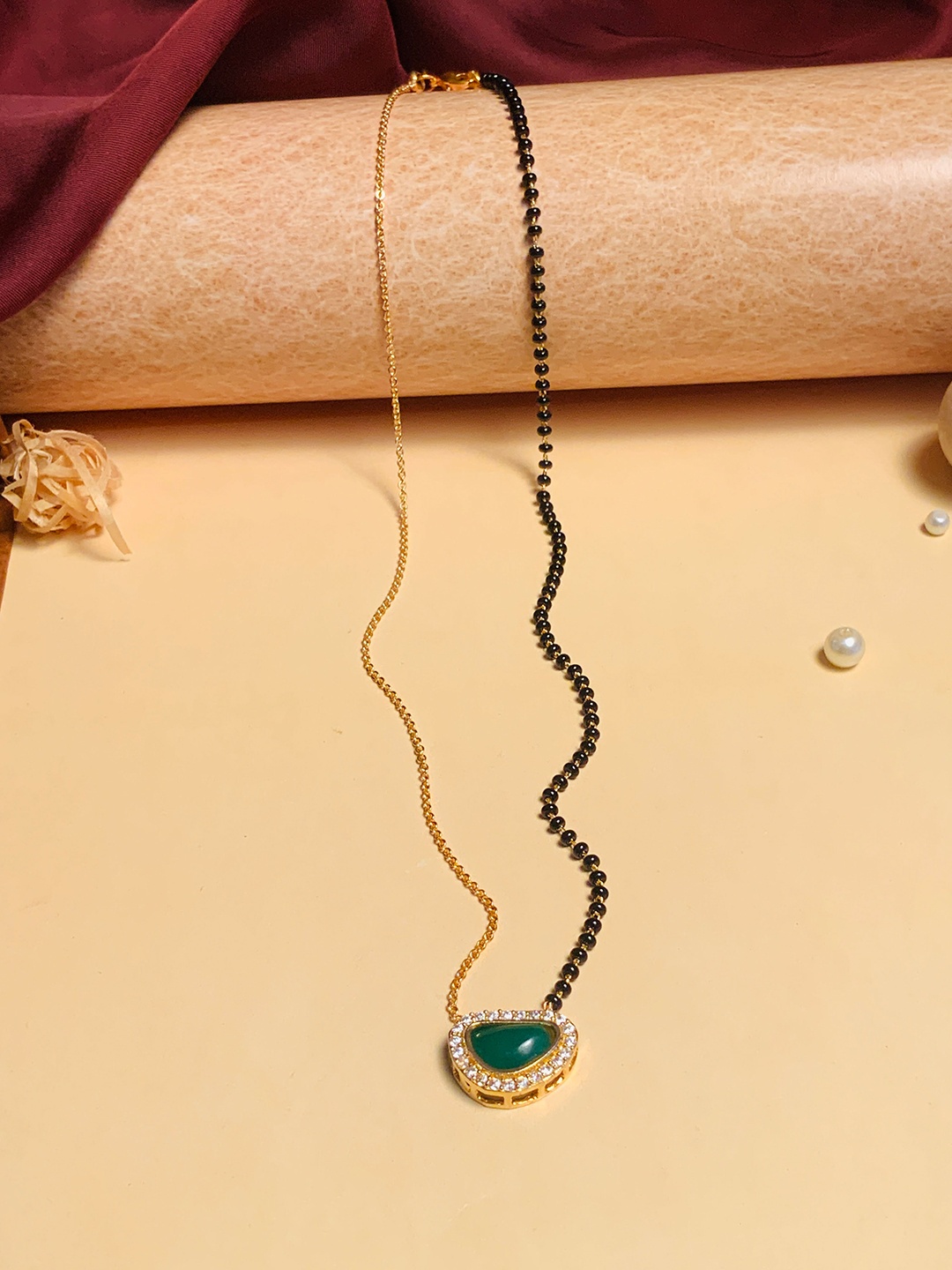 

ABDESIGNS Gold-Plated Stones-Studded & Beaded Long Mangalsutra