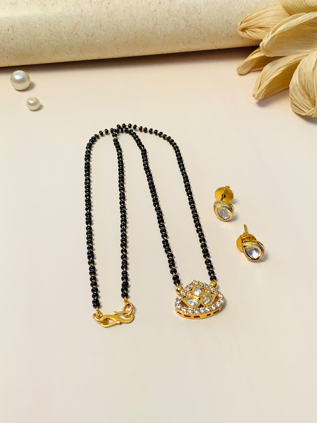 

ABDESIGNS Gold Plated Kundan Studded & Beaded Long Mangalsutra With Earrings