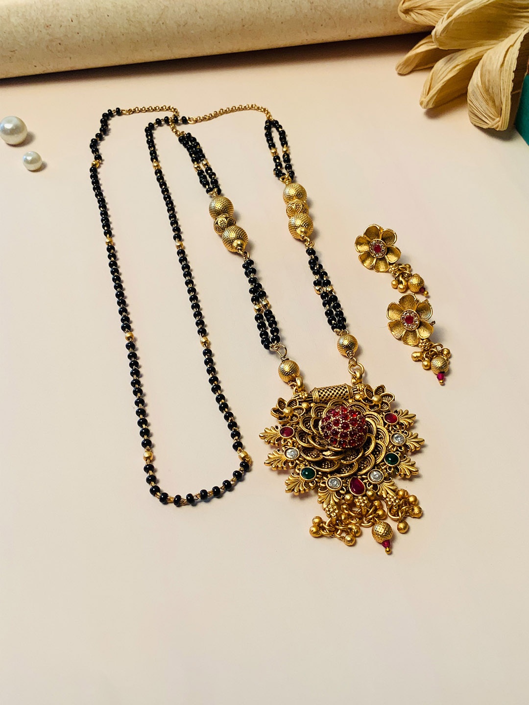 

ABDESIGNS Gold-Plated Stone-Studded & Beaded Long Mangalsutra With Earrings