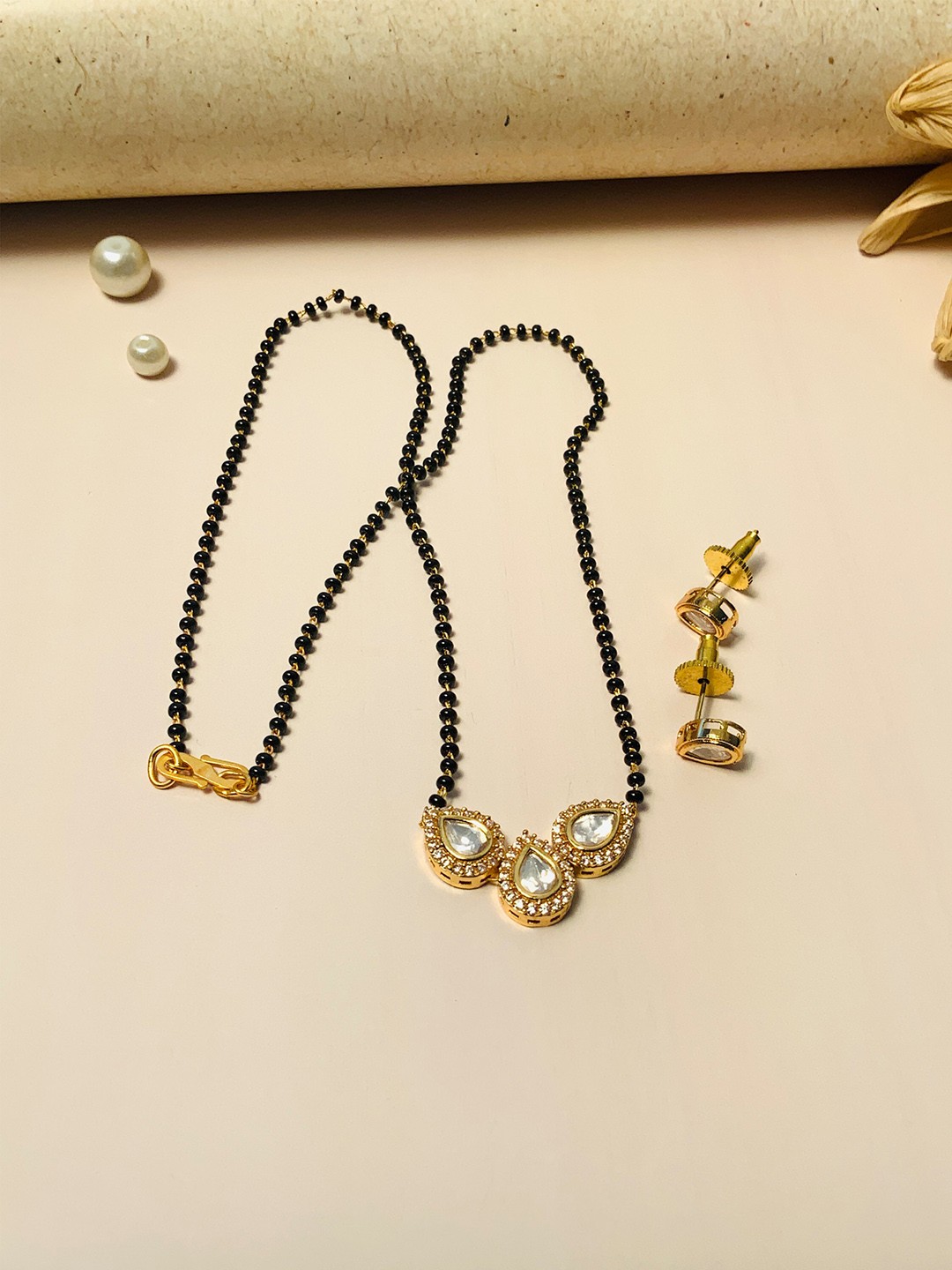 

ABDESIGNS Gold-Plated Kundan-Studded & Beaded Long Mangalsutra With Earrings