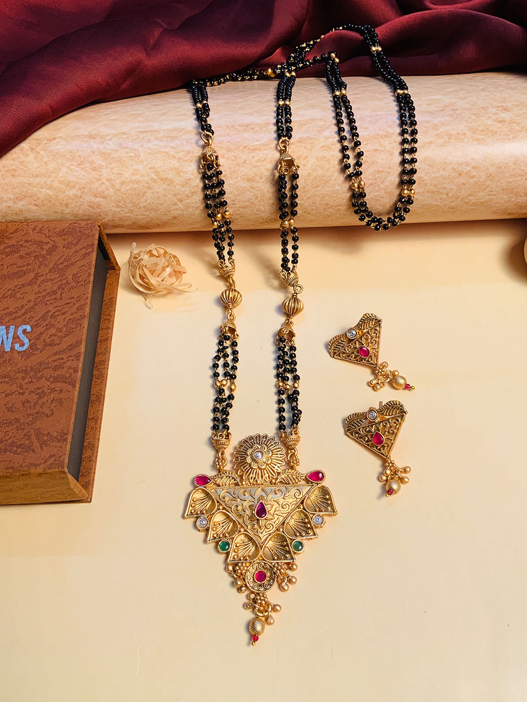 

ABDESIGNS Gold-Plated Stone-Studded & Beaded Long Antique Mangalsutra With Earrings