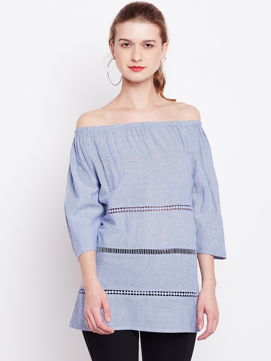 

Marie Claire Women Blue & White Striped Bardot Top