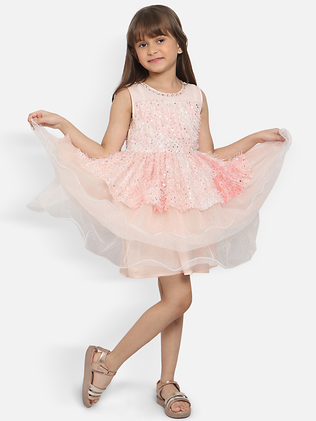 

Nauti Nati Girls Embellished Round Neck Sequined Detailed Fit & Flare Dress, Peach