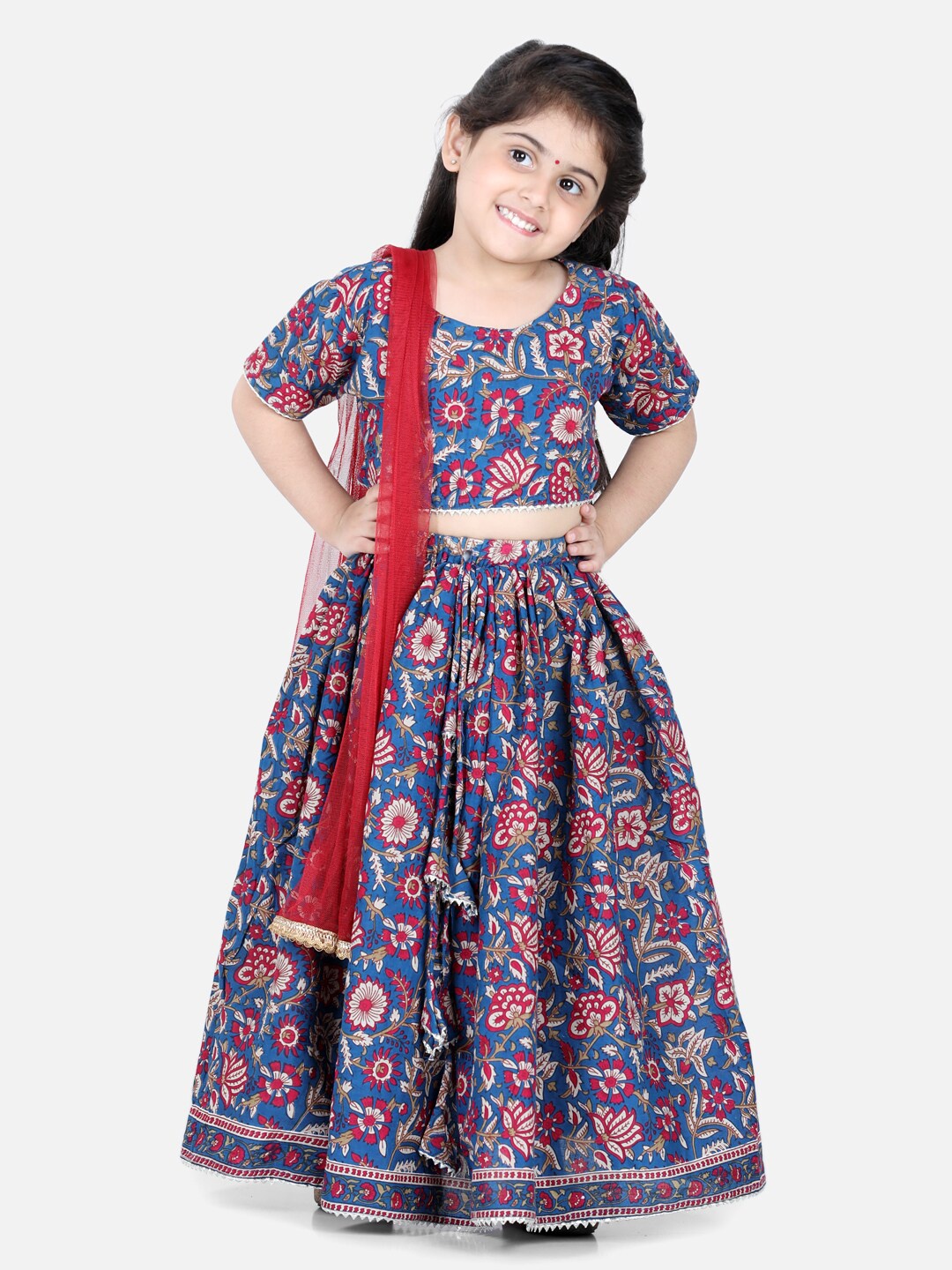 

AWW HUNNIE Girls Floral Block Printed Gotta Patti Pure Cotton Lehenga Choli, Blue