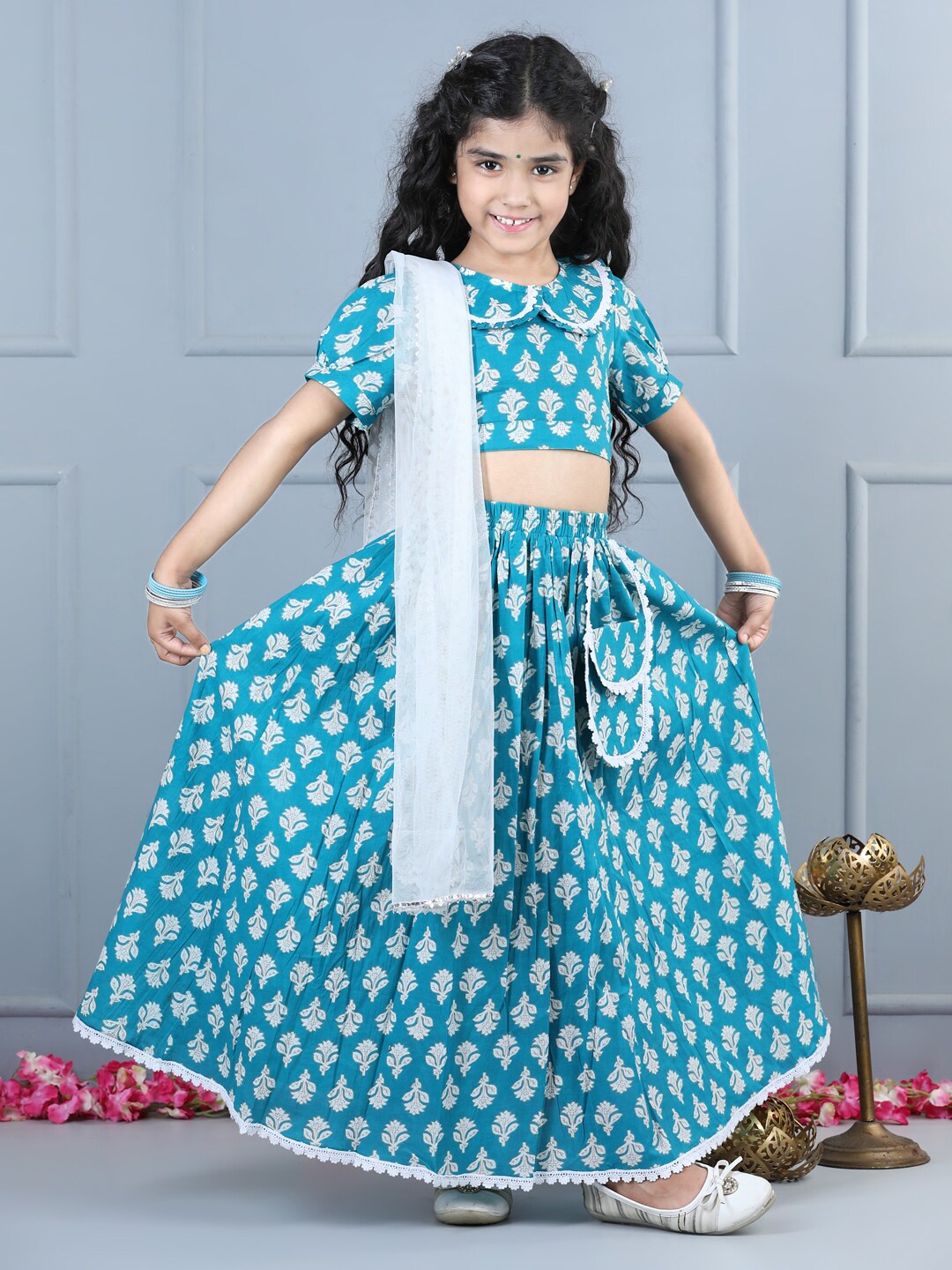

AWW HUNNIE Girls Block Printed Gotta Patti Pure Cotton Lehenga Choli, Blue