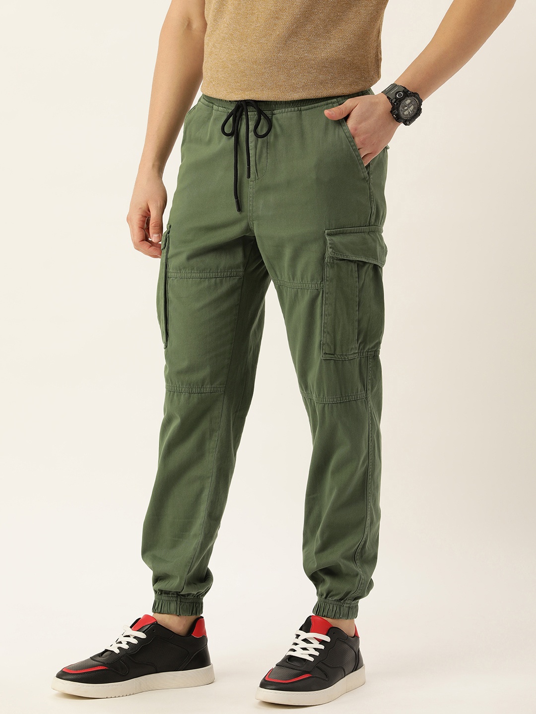 

Bene Kleed Men Cotton Lycra Cargo Pocket Joggers, Olive