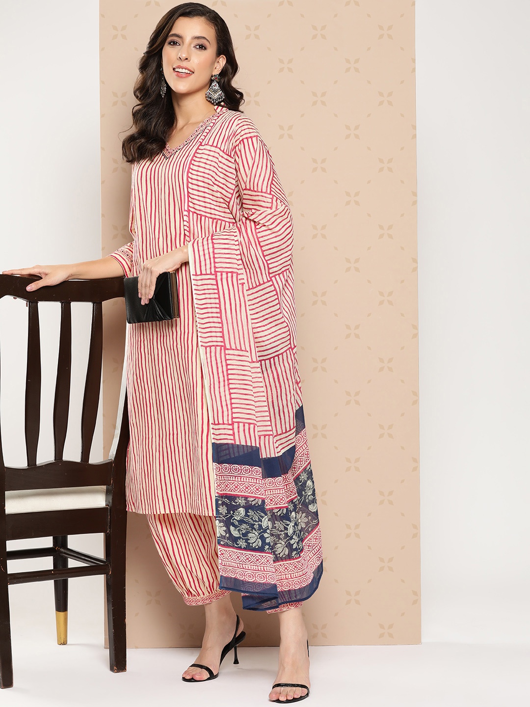 

KALINI Women Striped Regular Pure Cotton Kurta with Salwar & With Dupatta, Beige