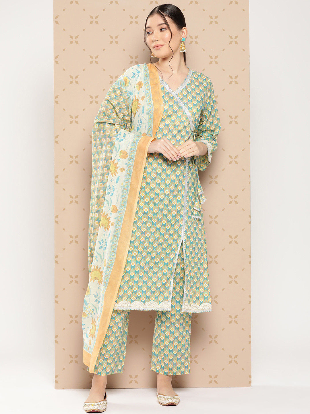 

KALINI Women Printed Angrakha Gotta Patti Pure Cotton Kurta with Palazzos & With Dupatta, Turquoise blue