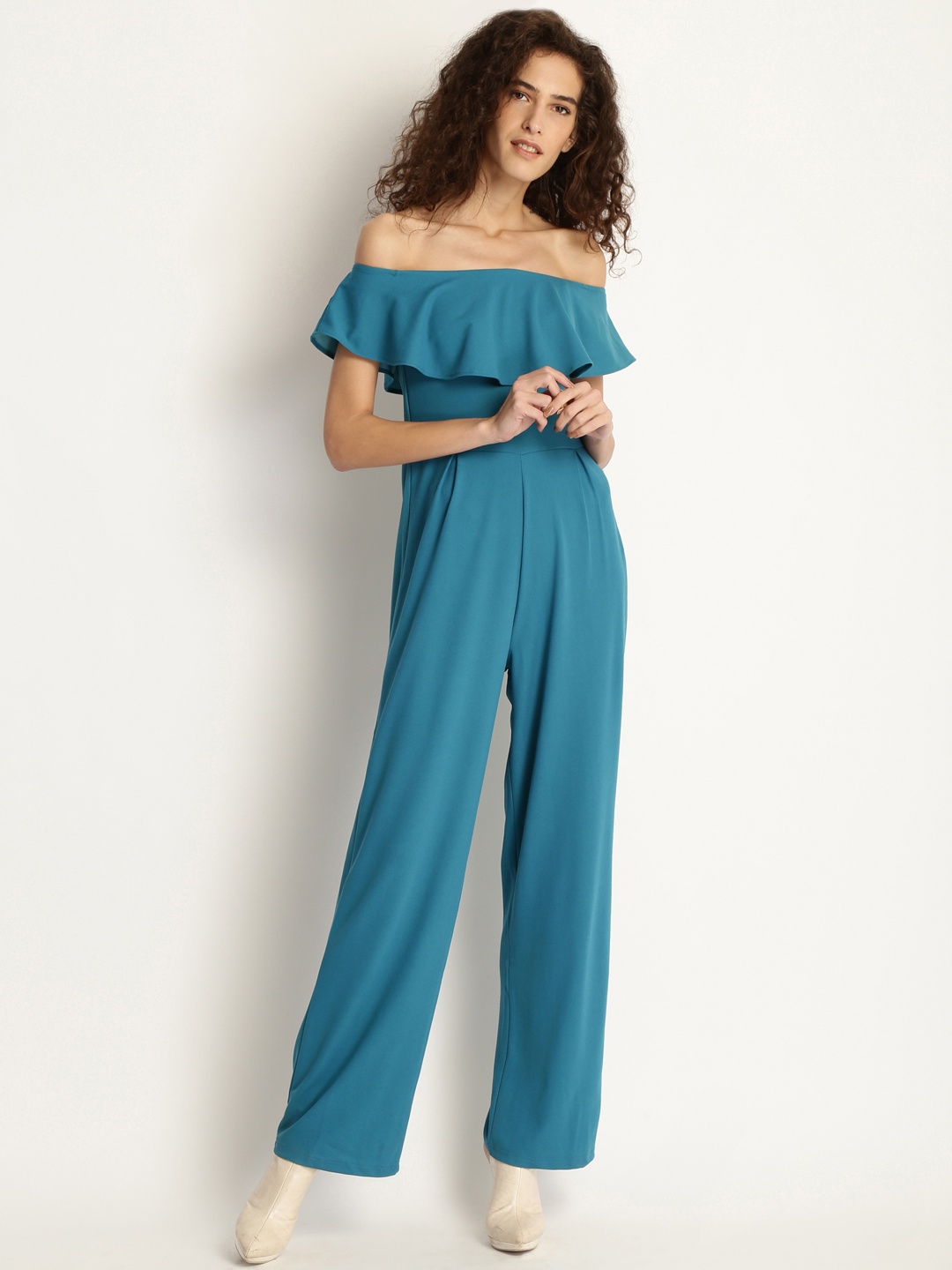 

Marie Claire Blue Solid Off-Shoulder Jumpsuit