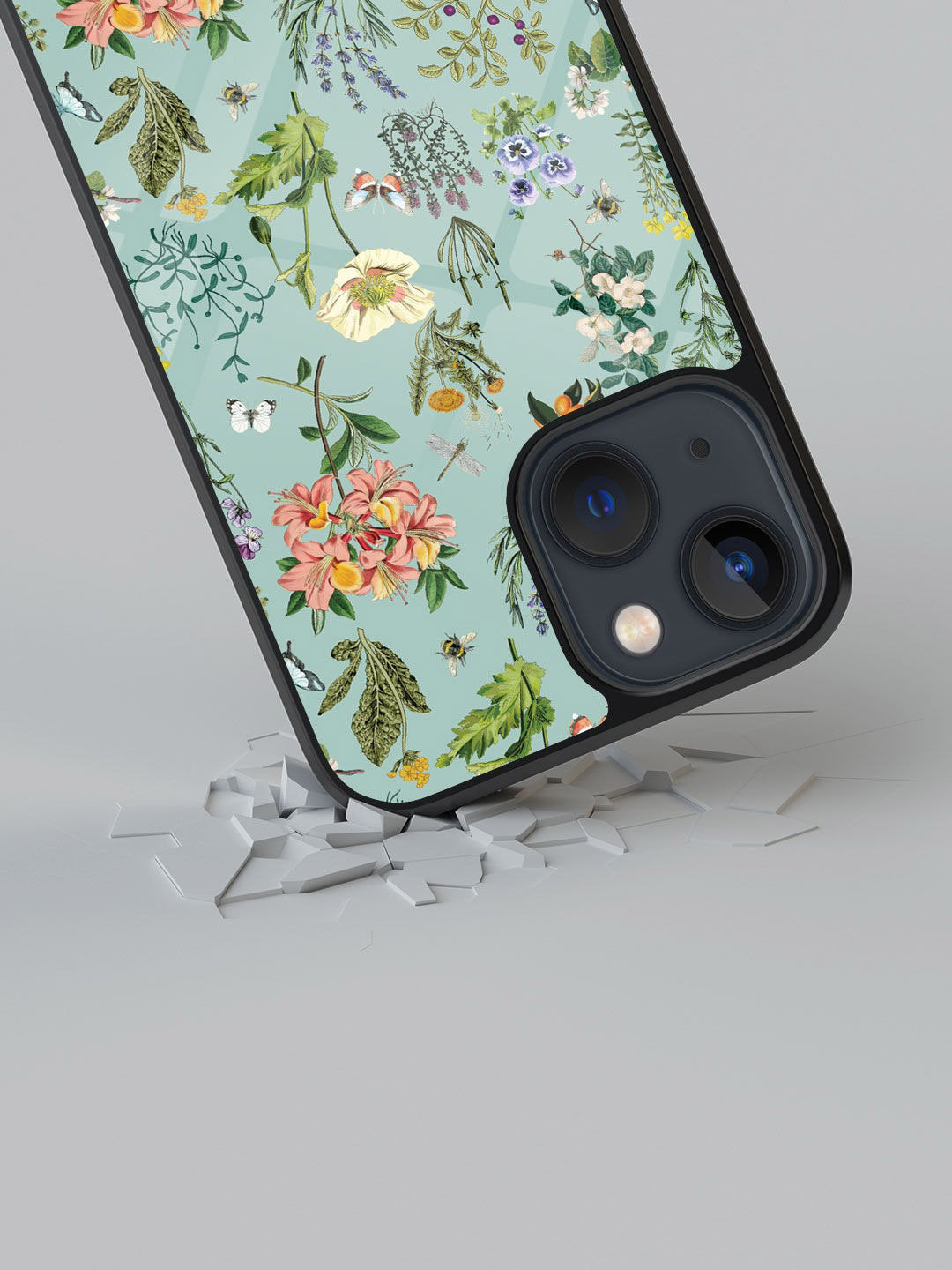 

macmerise Floral Printed Glass iPhone 13 Phone Back Case, Blue