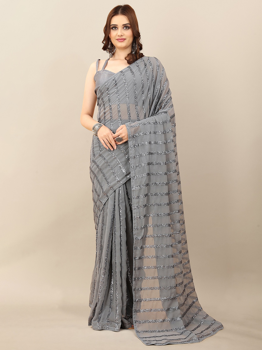 

Mitera Embellished Sequinned Pure Georgette Saree, Grey