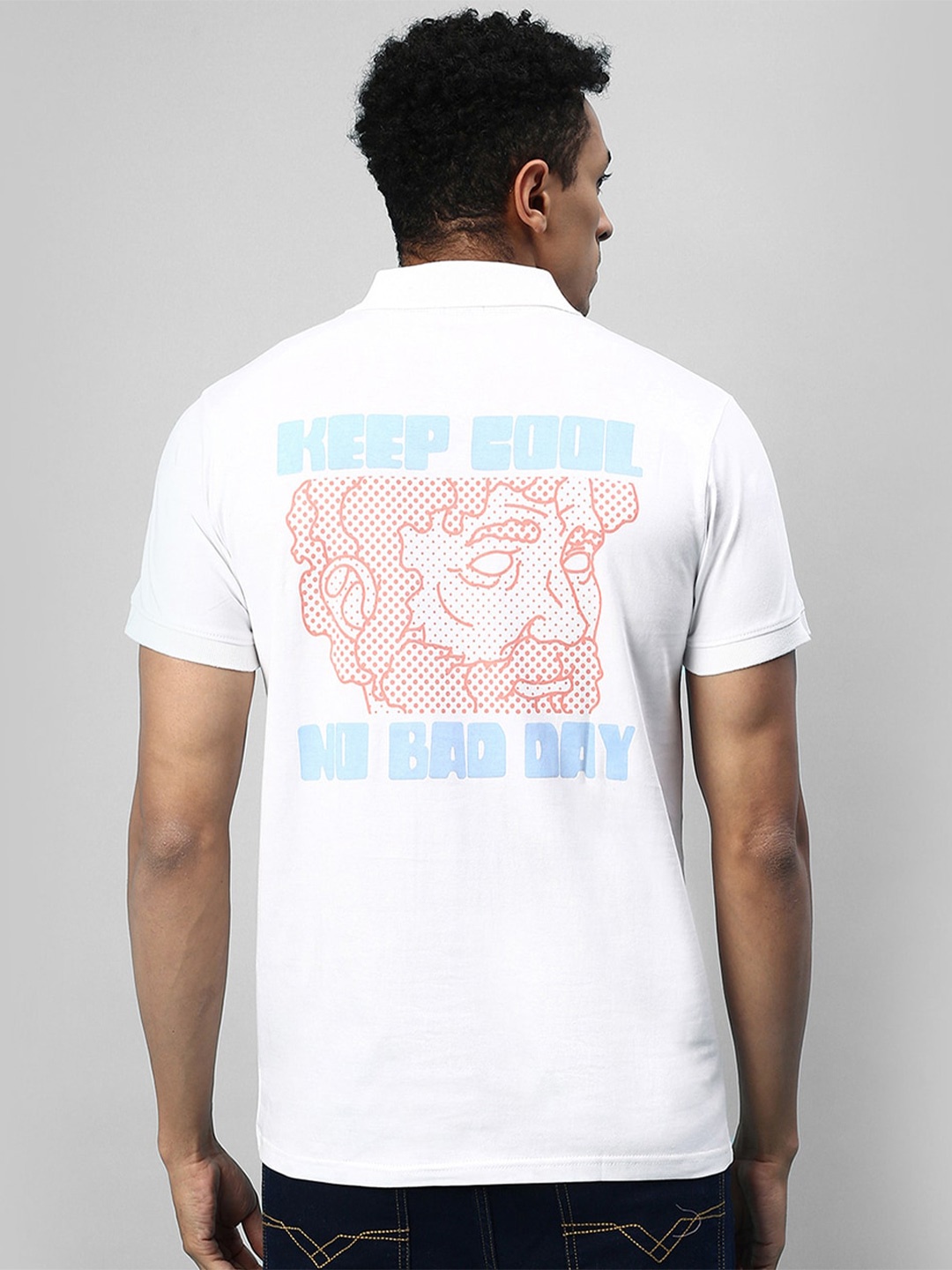 

VEIRDO White & Blue Graphic Printed Polo Collar Bio Finish Cotton T-shirt