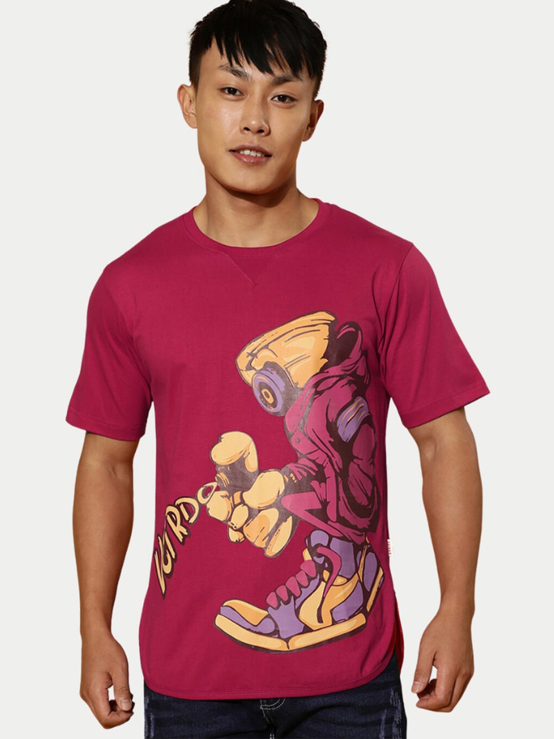 

VEIRDO Magenta & Yellow Graphic Printed Bio Finish Cotton T-shirt