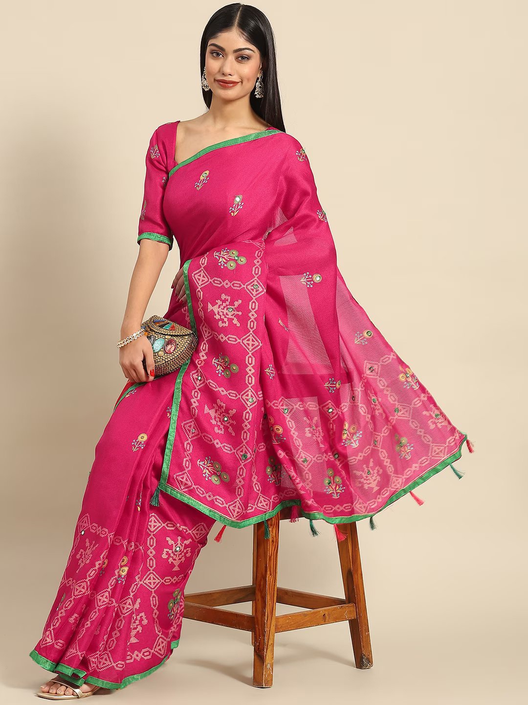 

DIVASTRI Ethnic Motifs Printed Jute Silk Saree, Pink