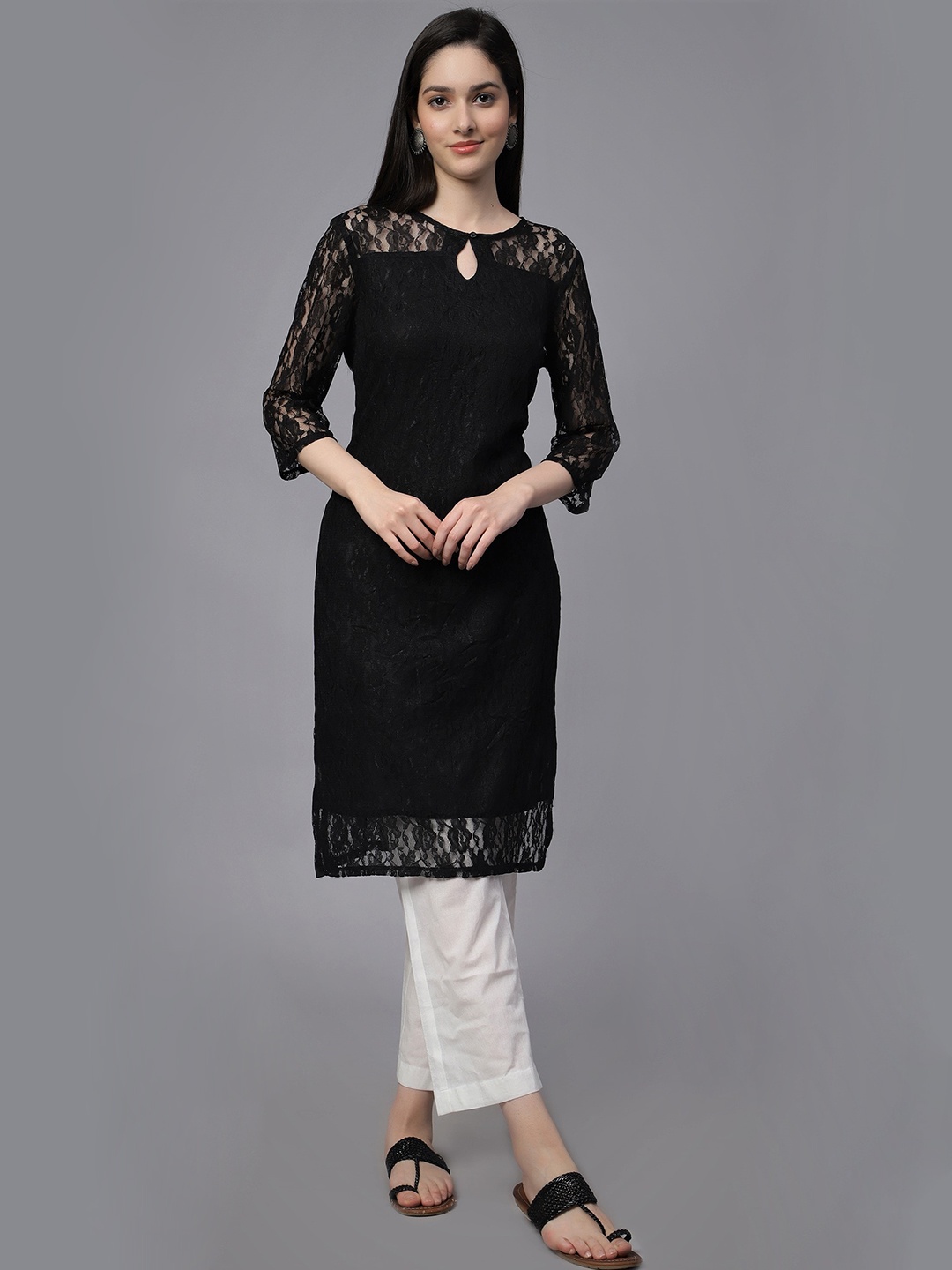 

NUEVOSDAMAS Floral Lace Keyhole Neck Cotton Kurtha, Black