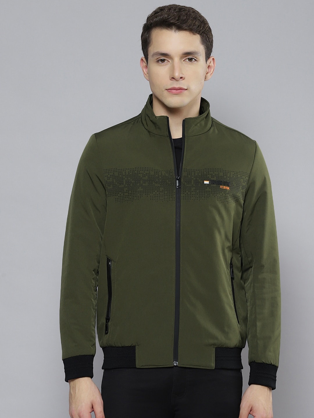 

Fort Collins Graphic Printed Mock Collar Bomber Jacket, Olive