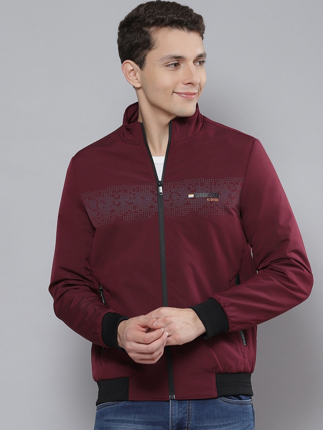 

Fort Collins Graphic Printed Mock Collar Bomber Jacket, Maroon