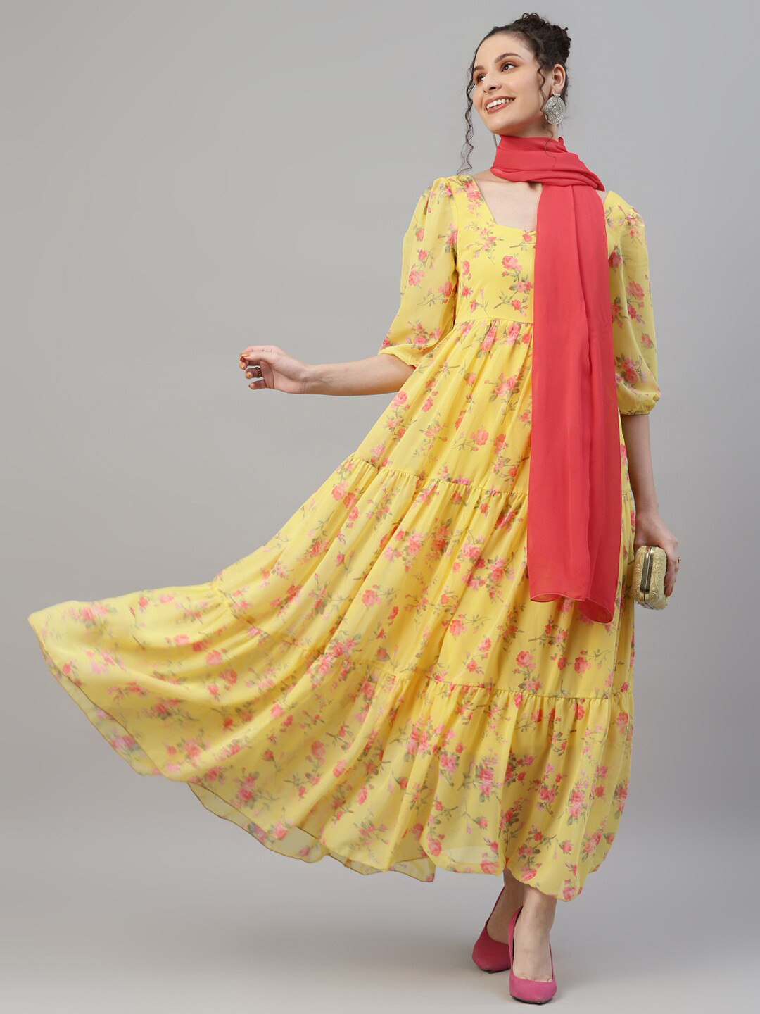 

DEEBACO Floral Printed Georgette Anarkali Kurta With Dupatta, Yellow