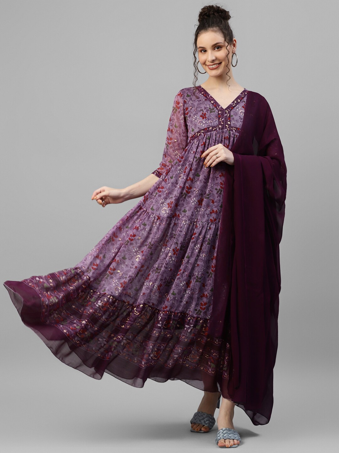 

DEEBACO Floral Printed Chiffon Ethnic Dress With Dupatta, Purple