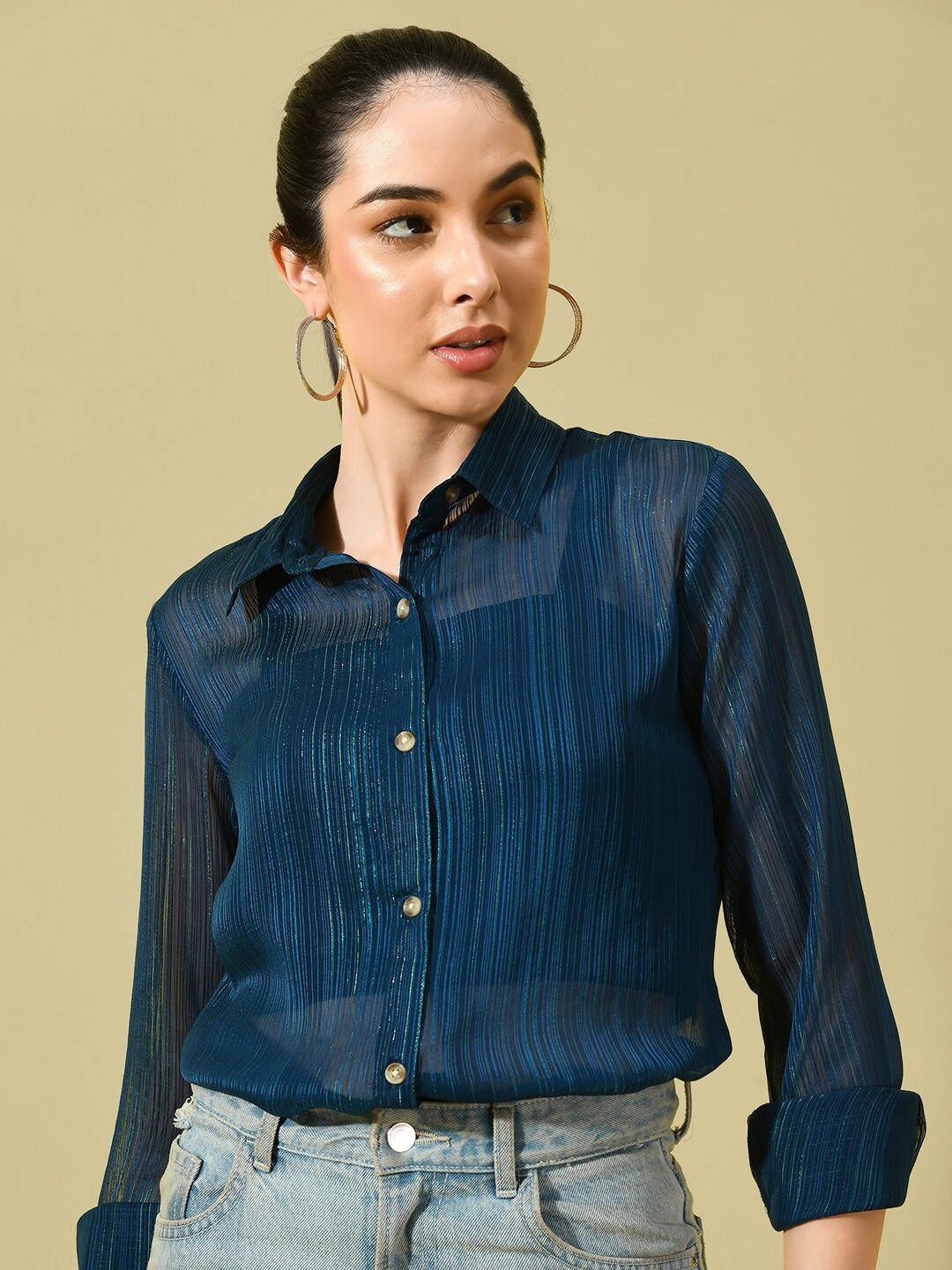 

CHARMGAL Classic Semi Sheer Striped Casual Shirt, Blue