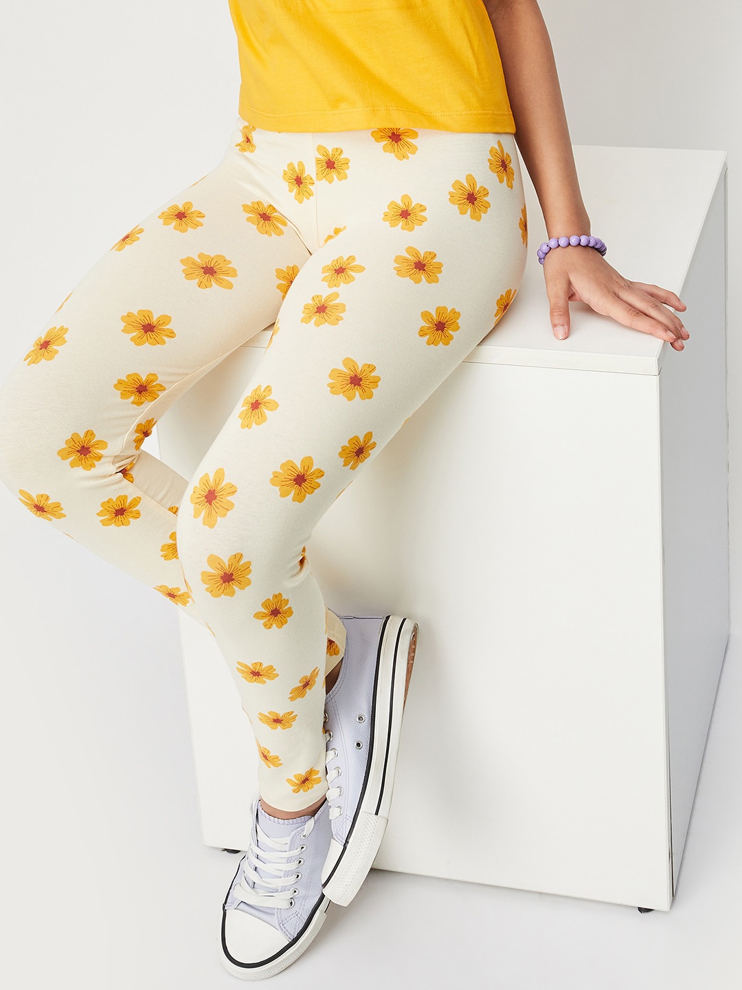 

max Girls Printed Ankle Length Leggings, Cream