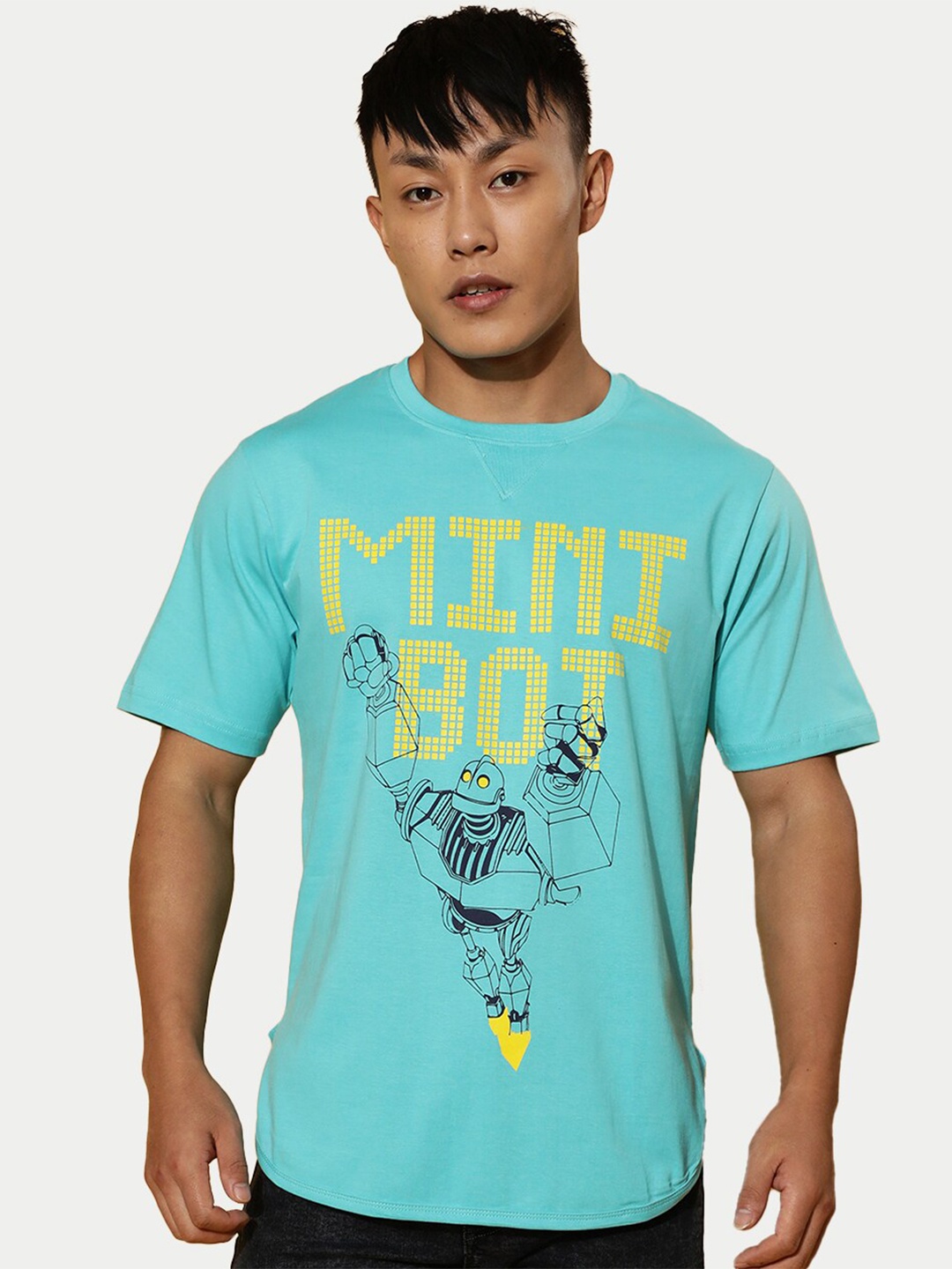 

VEIRDO Blue & Yellow Typography Printed Bio Finish Pure Cotton T-shirt