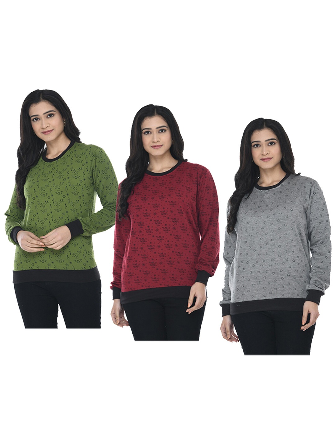 

IndiWeaves Women Pack Of 3 Floral Printed Fleece Sweatshirt, Green