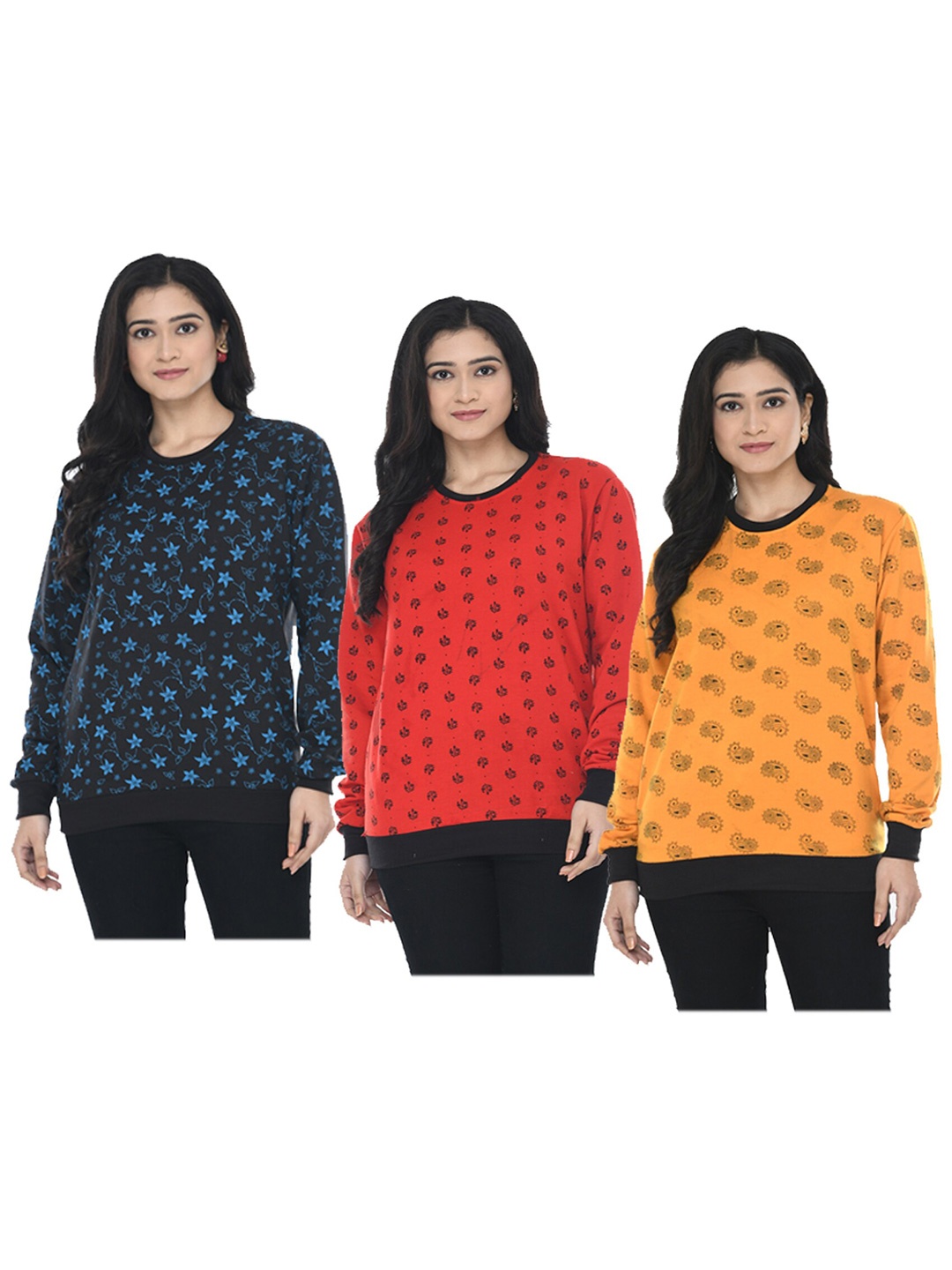 

IndiWeaves Women Pack Of 3 Floral Printed Fleece Sweatshirt, Black