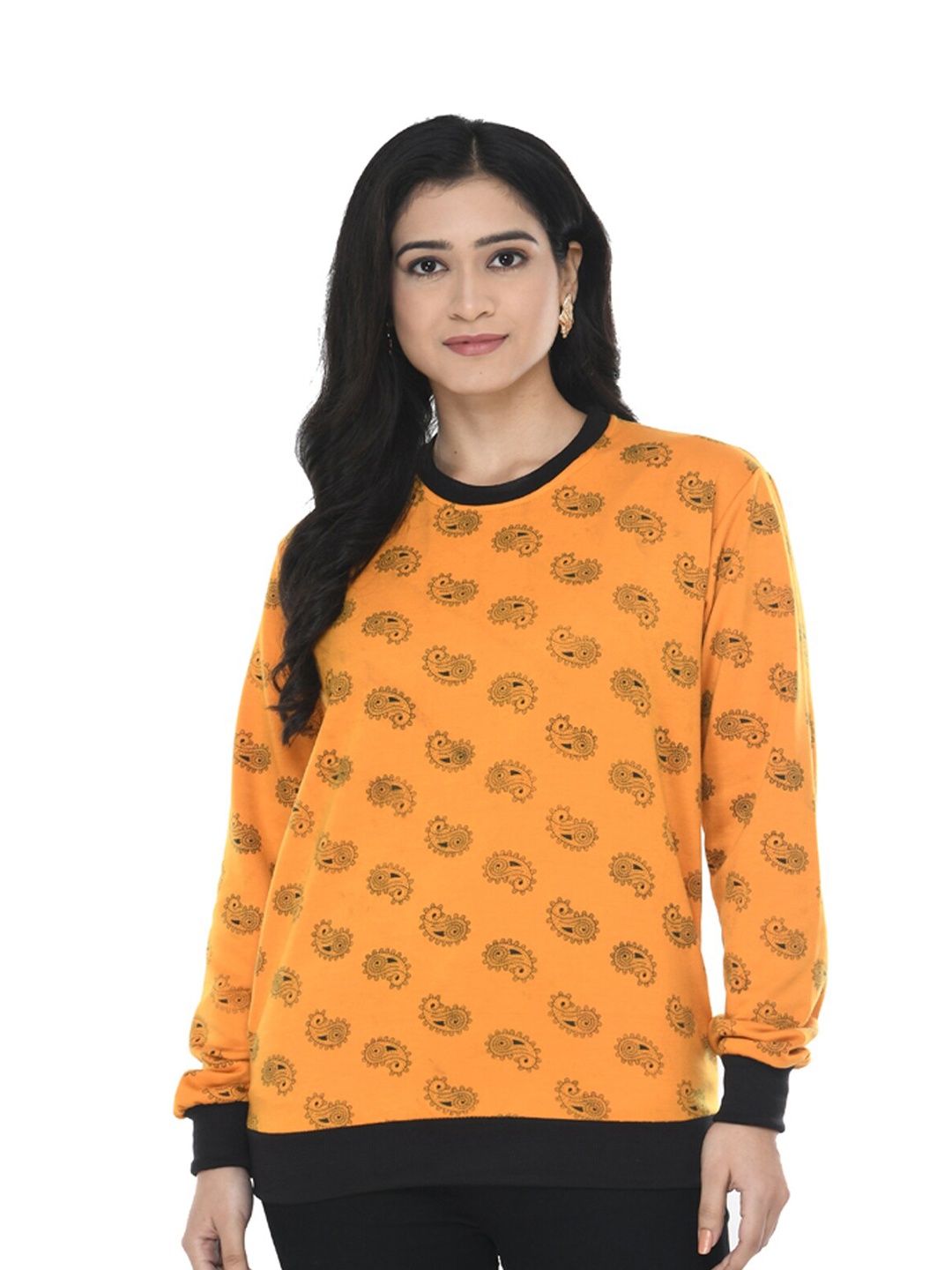 

IndiWeaves Conversational Printed Fleece Warm Sweatshirt, Mustard