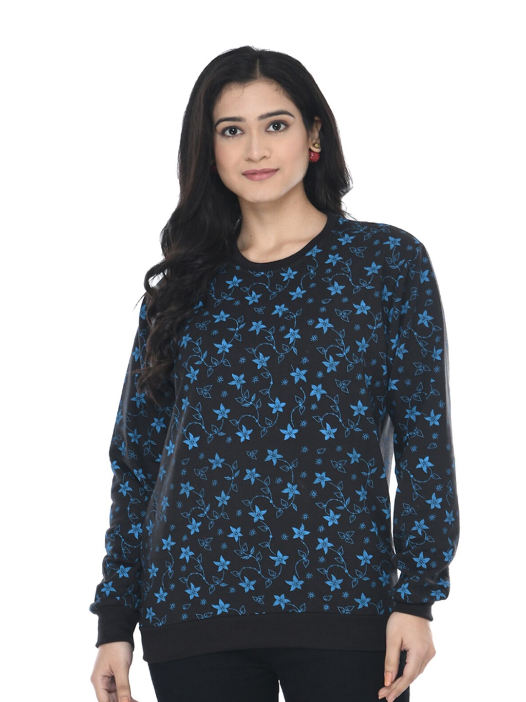 

IndiWeaves Floral Printed Fleece Warm Sweatshirt, Black