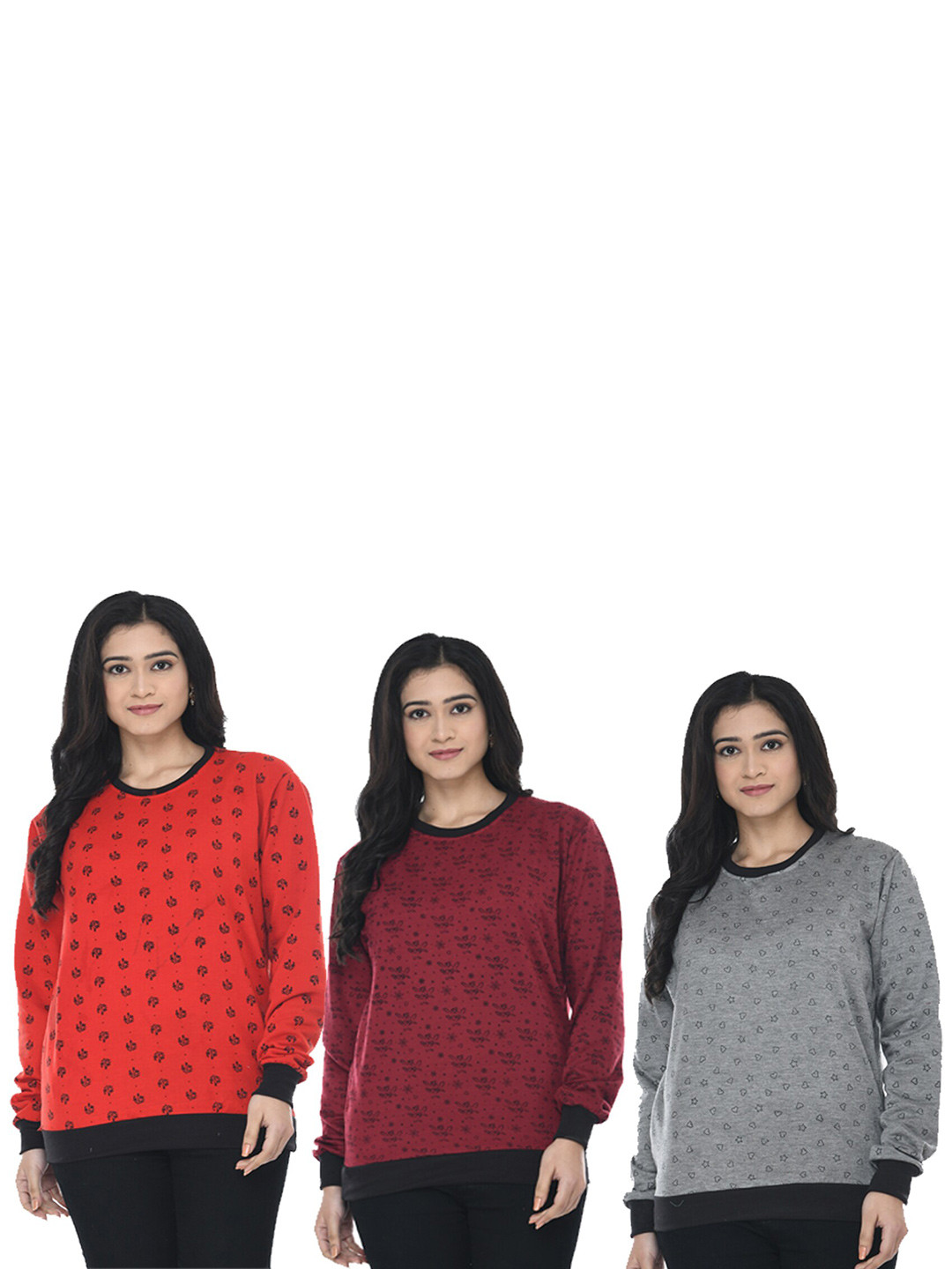 

IndiWeaves Women Pack Of 3 Floral Printed Fleece Sweatshirt, Red