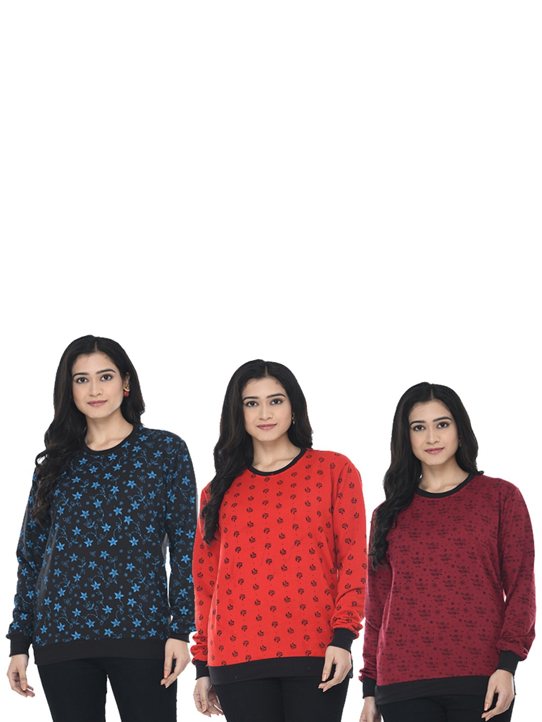 

IndiWeaves Women Pack Of 3 Floral Printed Fleece Sweatshirt, Black