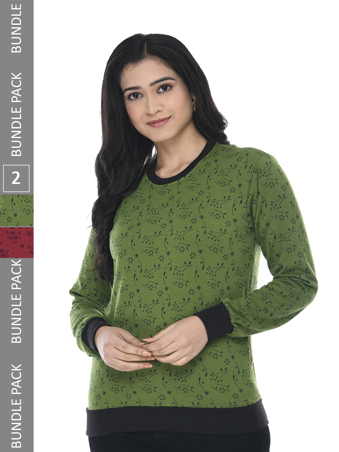 

IndiWeaves Pack Of 2 Floral Printed Fleece Sweatshirt, Green