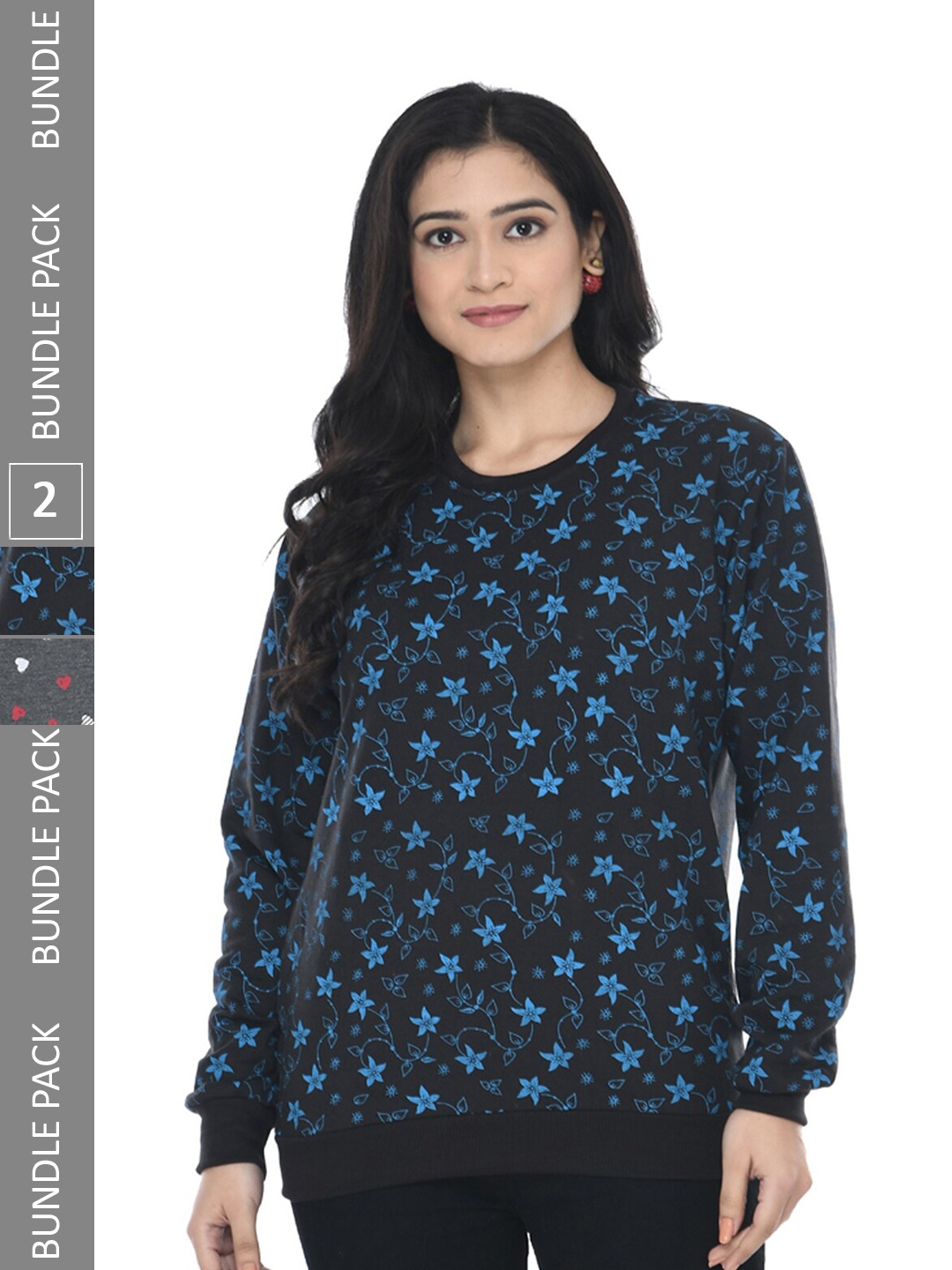

IndiWeaves Pack Of 2 Floral Printed Fleece Sweatshirt, Black