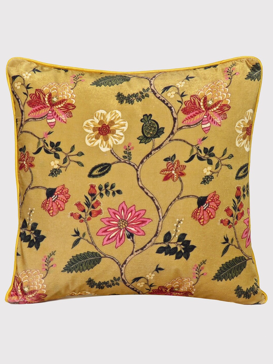 

OUSSUM Yellow & Green Floral Printed Velvet Square Cushion Cover