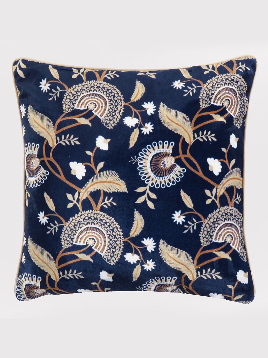 

OUSSUM Blue & Beige Floral Printed Velvet Square Cushion Cover