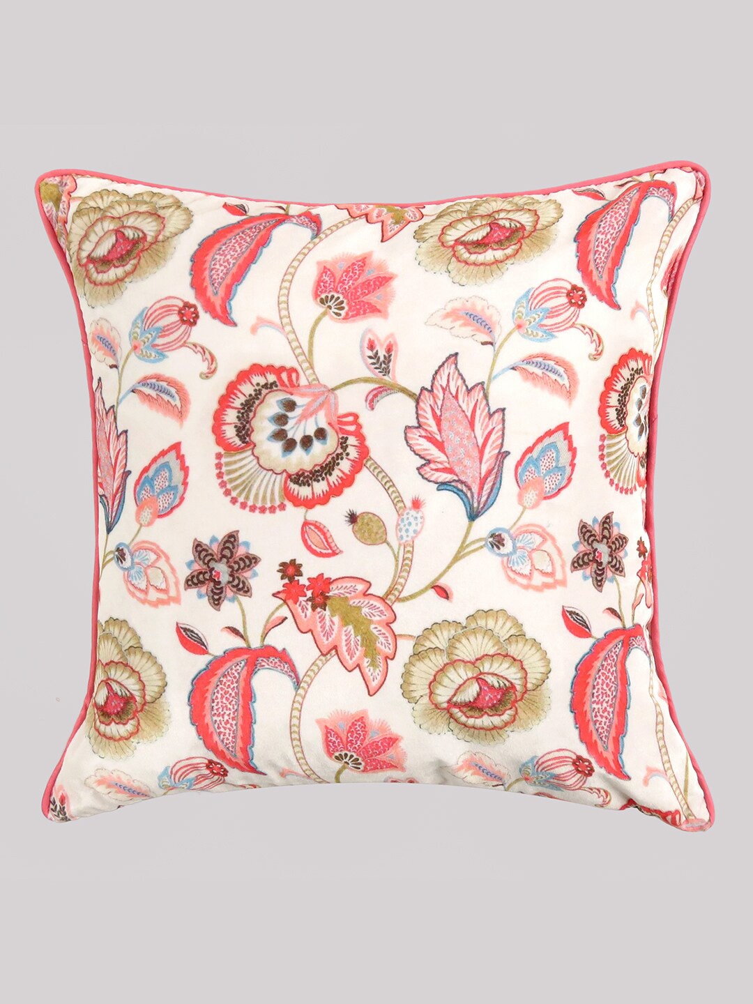 

OUSSUM White & Pink Floral Printed Velvet Square Cushion Cover