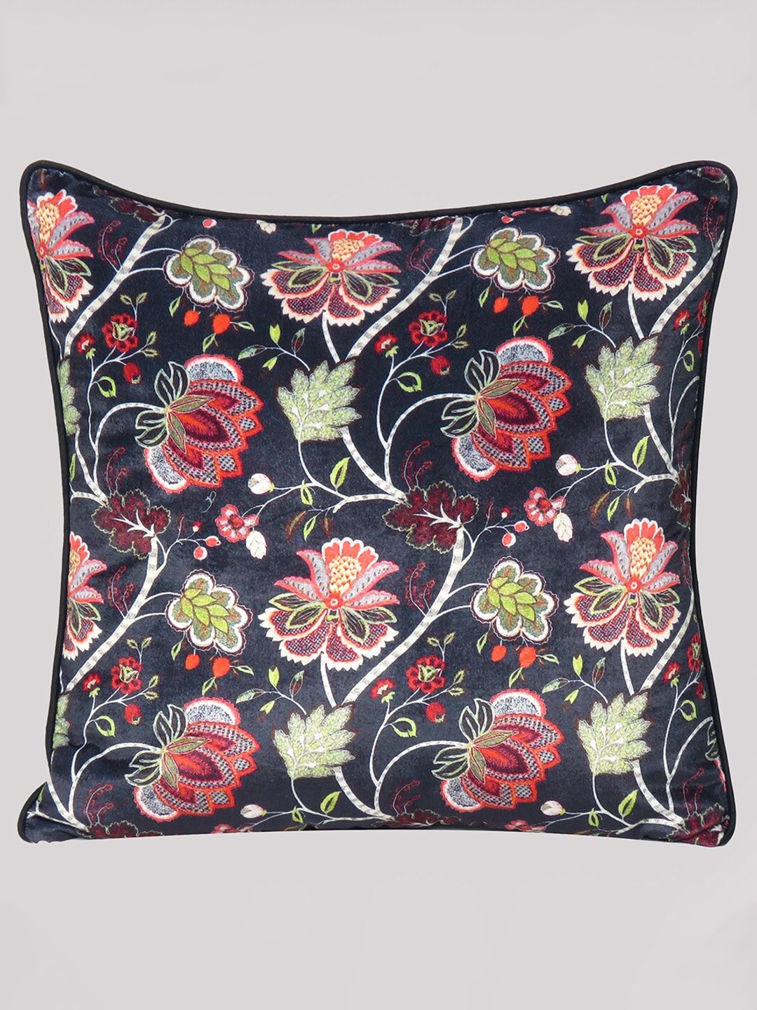 

OUSSUM Black & Green Floral Printed Velvet Square Cushion Cover
