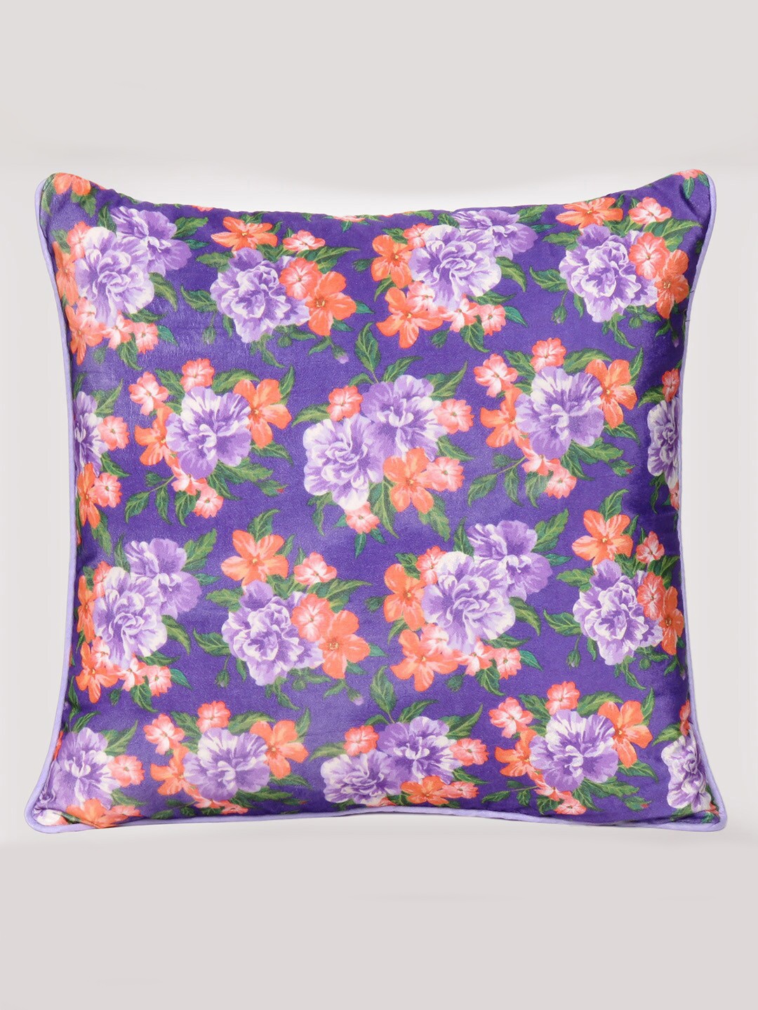 

OUSSUM Purple & Green Floral Printed Velvet Square Cushion Cover