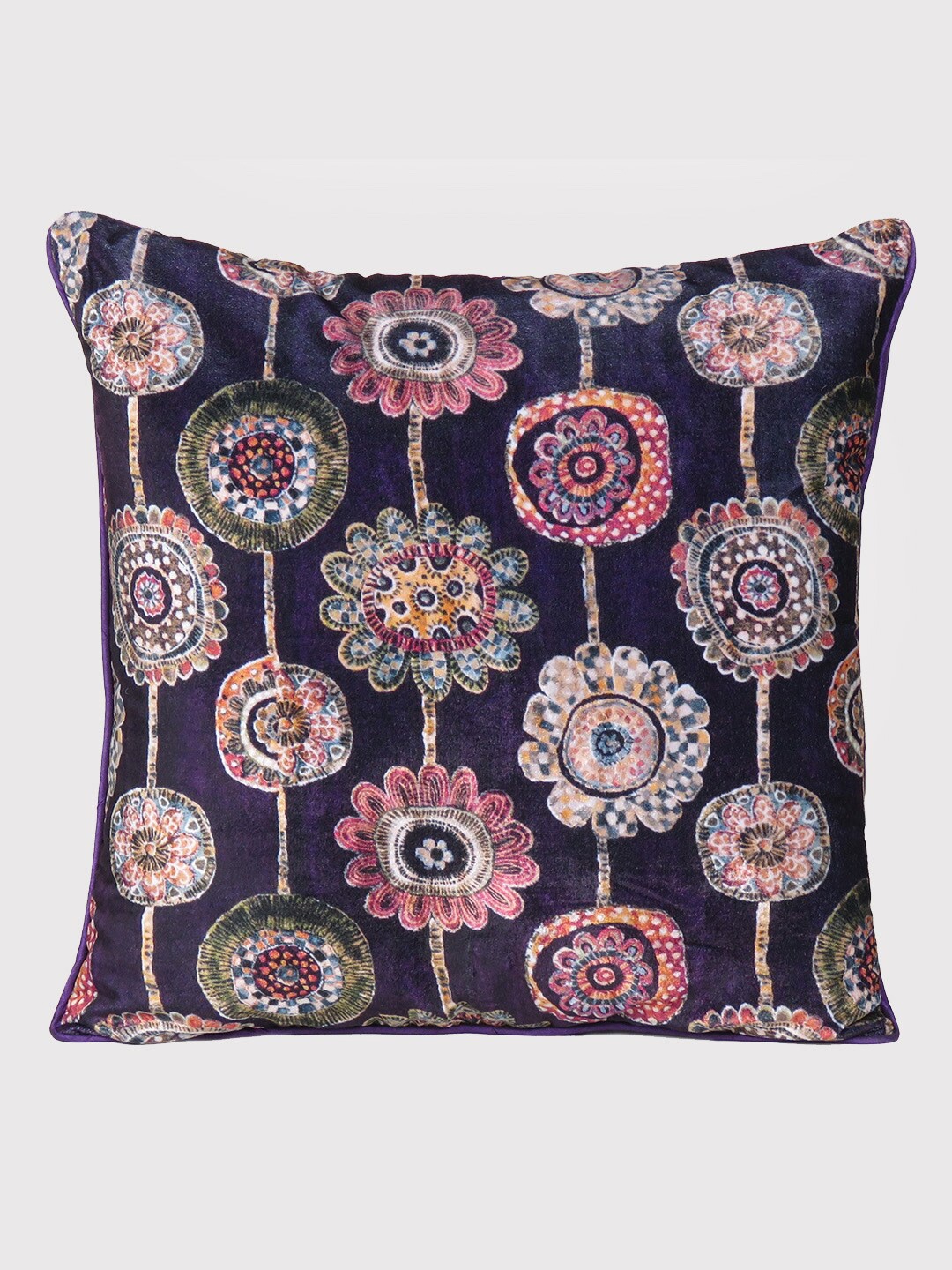 

OUSSUM Purple & Black Floral Printed Velvet Square Cushion Cover